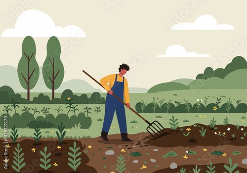 A person in overalls tills a field with a rake. Rolling hills and trees create a peaceful, rural scene. Ideal for agriculture, farming, or nature themes.