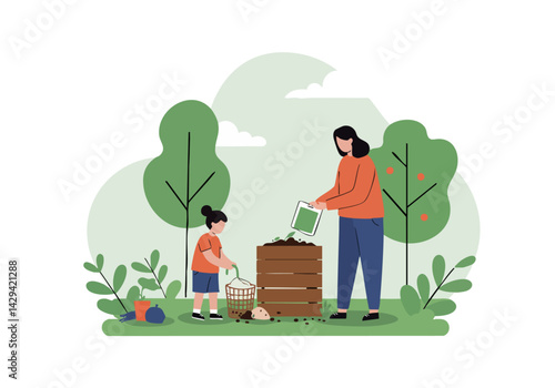 A mother and child compost together outdoors. They are smiling and engaged in gardening, promoting sustainability and family time. Bright, flat illustration.