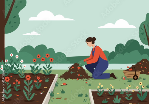 A woman kneels, adding compost to a flower garden. Bright, cheerful scene depicts gardening, nature, and healthy soil. Ideal for lifestyle and gardening concepts.