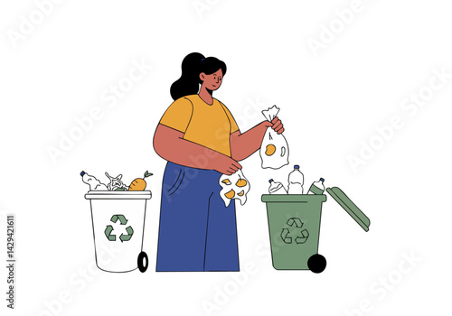 A woman sorts waste into recycling bins. She's holding a bag of trash and placing items into the correct bins. Simple, clean illustration for sustainability concepts.