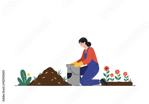 A woman tends to a compost pile in her garden, nurturing flowers. Bright, colorful illustration depicts sustainable gardening and healthy plant growth.