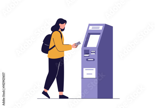 A young woman with brown hair uses an ATM. She wears a yellow jacket and backpack. Clean, modern design. Perfect for finance, banking, or lifestyle concepts.