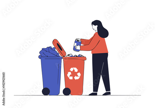 A woman throws aluminum cans into a blue recycling bin. A red bin with a recycling symbol sits beside it. Simple illustration, promoting sustainability.