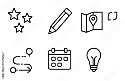 Productivity and organization outline icon set – streamline work, planning, and creativity symbols for time management: stars, pencil, map, path, calendar, lightbulb.