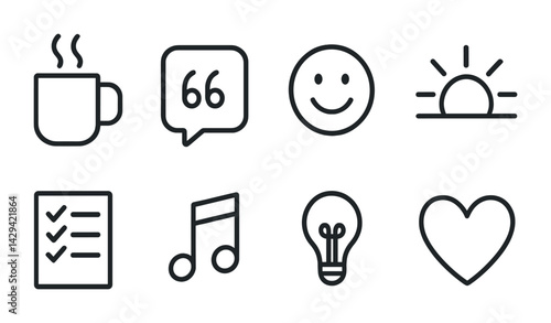 Essential everyday line icons set – outline style for productivity, communication, and creativity: coffee cup, chat bubble, smiley face, sunrise, checklist, music note, light bulb, heart.