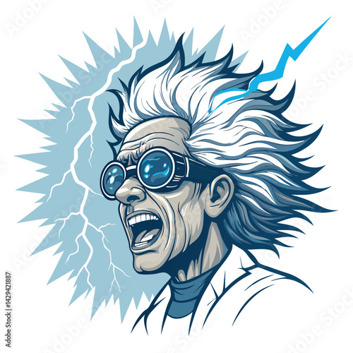 A detailed portrait of a mad scientist's head, wild hair escaping a cracked pair of goggles, intense expression.  Focus on intricate detail and texture.