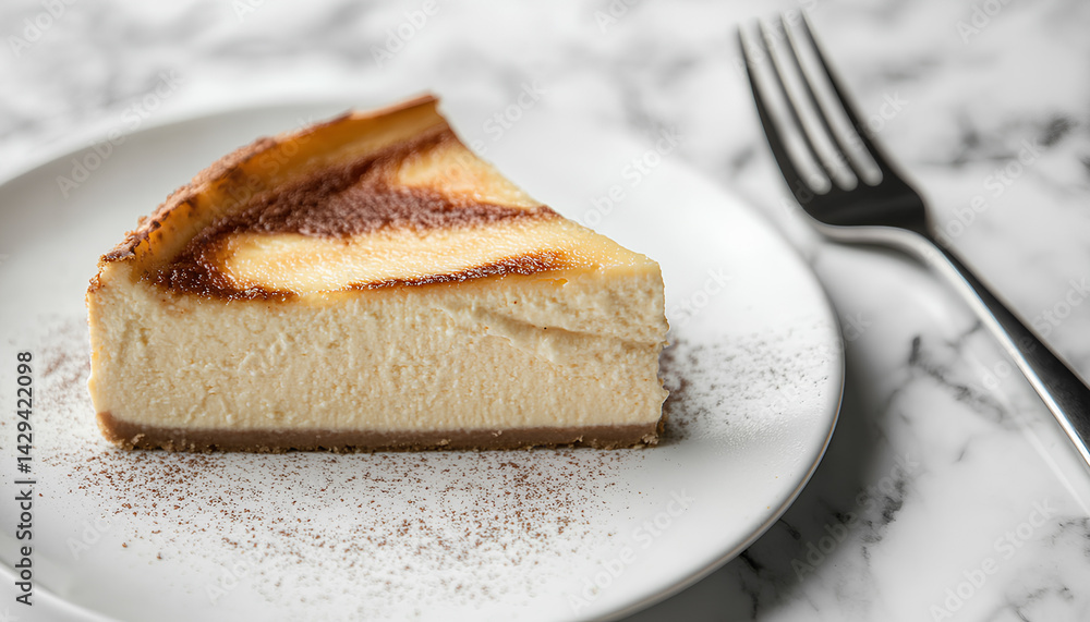 Slice of delicious lemon cheesecake and fork on white marble table, close-up