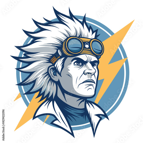 A crazed scientist's head, wild hair escaping a cracked, steamy pair of goggles, intense expression.  Detailed, dramatic lighting.