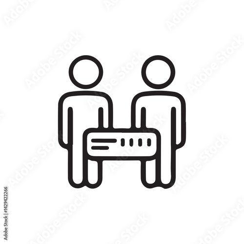 Two people sharing a server, representing collaboration and data transfer.Simple black line art illustration of two stylized figures standing facing each other, holding a rectangular server or data re
