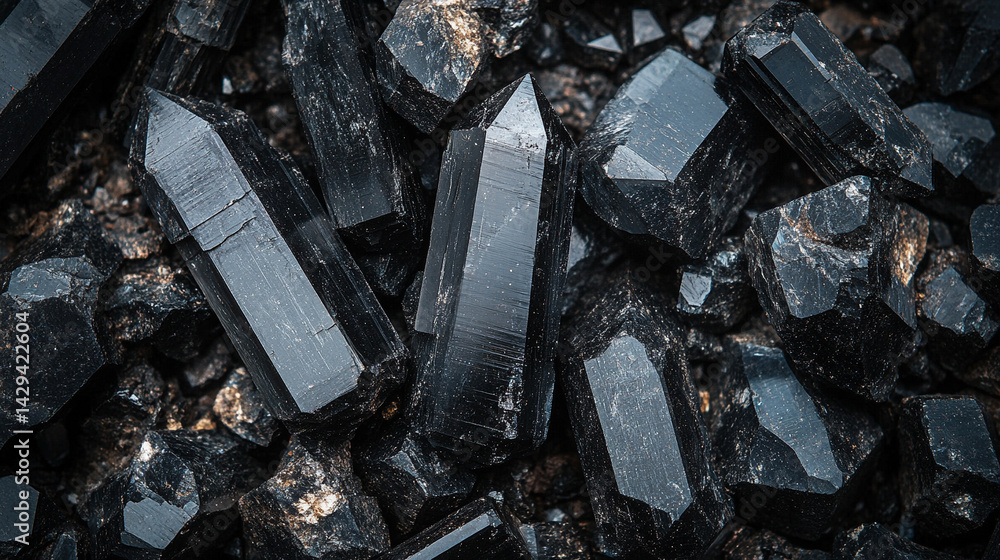 Explore the deep hues and raw textures of schorl black tourmaline in this macro shot capturing the crystal's grounding energy and protective symbolism in natural mineral form