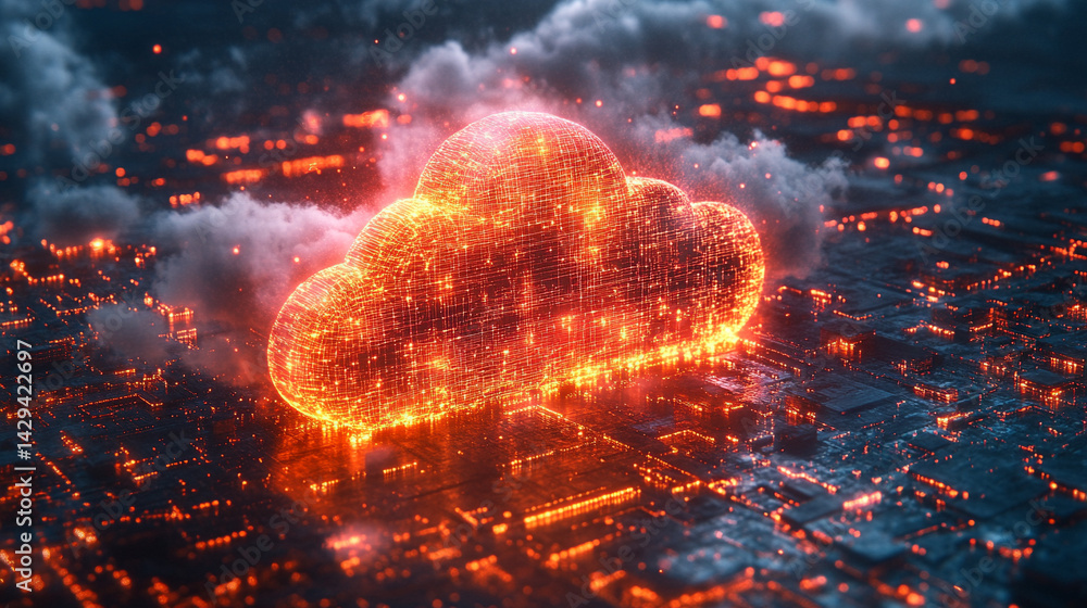 A glowing digital cloud releases streams of data like futuristic rain symbolizing the seamless flow of information connectivity cloud storage and the evolution of cloud computing technology