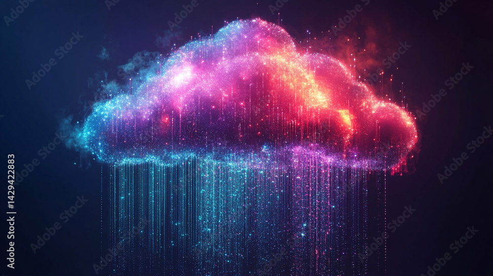A glowing digital cloud releases streams of data like futuristic rain symbolizing the seamless flow of information connectivity cloud storage and the evolution of cloud computing technology
