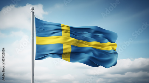 Waving Swedish Flag Against a Cloudy Sky