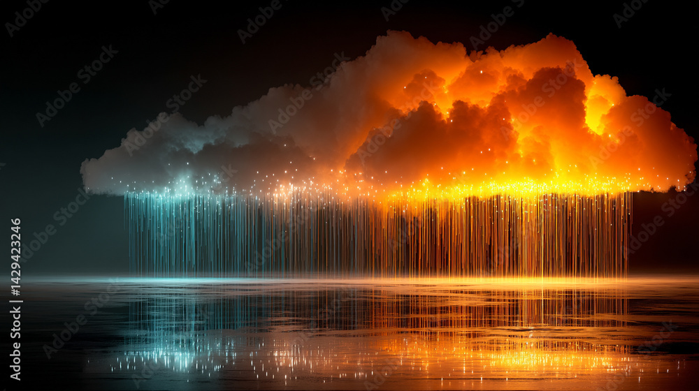 A glowing digital cloud releases streams of data like futuristic rain symbolizing the seamless flow of information connectivity cloud storage and the evolution of cloud computing technology