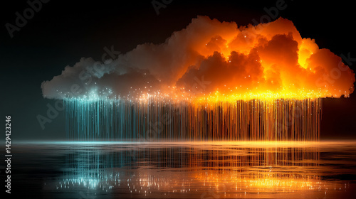 Obraz na płótnie A glowing digital cloud releases streams of data like futuristic rain symbolizing the seamless flow of information connectivity cloud storage and the evolution of cloud computing technology
w salonie