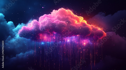 Obraz na płótnie A glowing digital cloud releases streams of data like futuristic rain symbolizing the seamless flow of information connectivity cloud storage and the evolution of cloud computing technology
w salonie