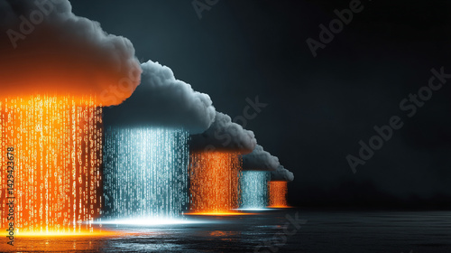 Obraz na płótnie A glowing digital cloud releases streams of data like futuristic rain symbolizing the seamless flow of information connectivity cloud storage and the evolution of cloud computing technology
w salonie