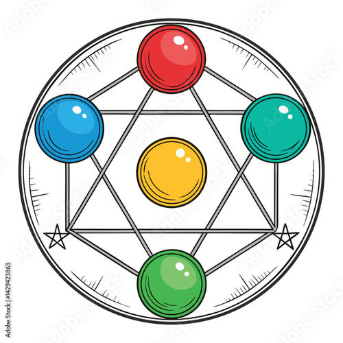 A vibrant magic circle, glowing runes, four elemental orbs (fire, water, earth, air) hovering above, intricate details, fantasy art.