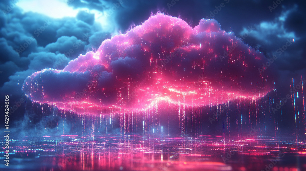 A glowing digital cloud releases streams of data like futuristic rain symbolizing the seamless flow of information connectivity cloud storage and the evolution of cloud computing technology