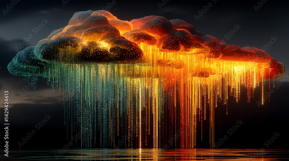 A glowing digital cloud releases streams of data like futuristic rain symbolizing the seamless flow of information connectivity cloud storage and the evolution of cloud computing technology