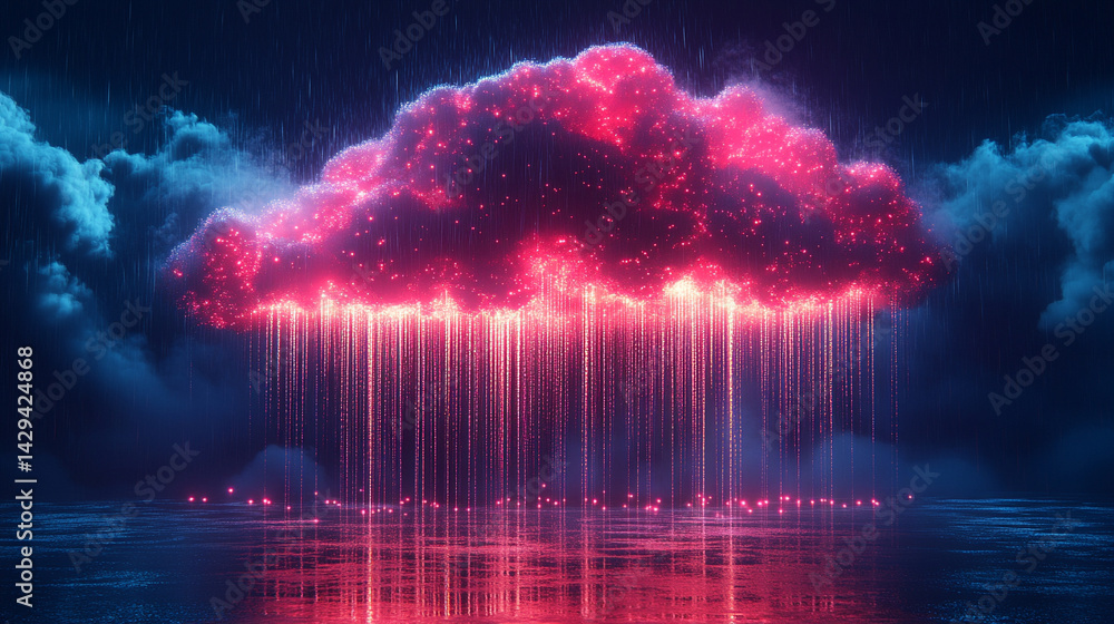 A glowing digital cloud releases streams of data like futuristic rain symbolizing the seamless flow of information connectivity cloud storage and the evolution of cloud computing technology