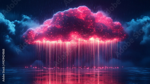Obraz na płótnie A glowing digital cloud releases streams of data like futuristic rain symbolizing the seamless flow of information connectivity cloud storage and the evolution of cloud computing technology
w salonie