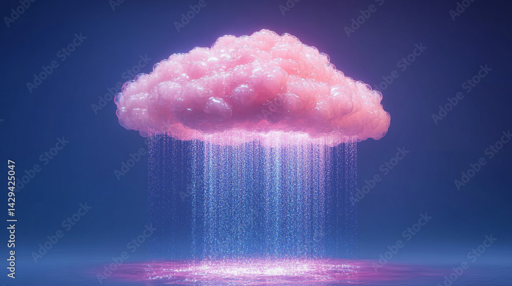 A glowing digital cloud releases streams of data like futuristic rain symbolizing the seamless flow of information connectivity cloud storage and the evolution of cloud computing technology