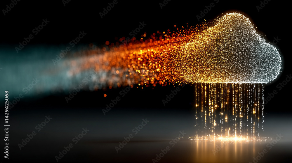 A glowing digital cloud releases streams of data like futuristic rain symbolizing the seamless flow of information connectivity cloud storage and the evolution of cloud computing technology