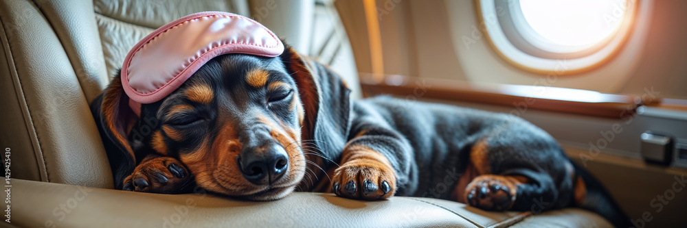 dachshund dog sleeps with sleep mask on plane