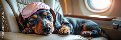 Obraz na płótnie dachshund dog sleeps with sleep mask on plane w salonie