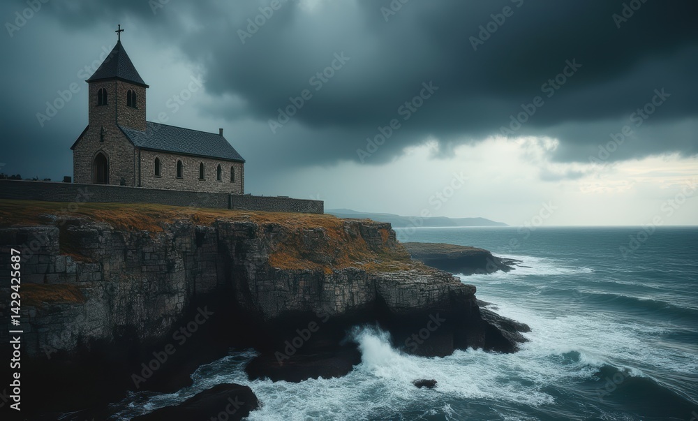Historic stone church on a rocky cliff overlooking turbulent ocean waters under moody skies. Historic stone church on a rocky cliff overlooking turbulent ocean waters under moody skies.