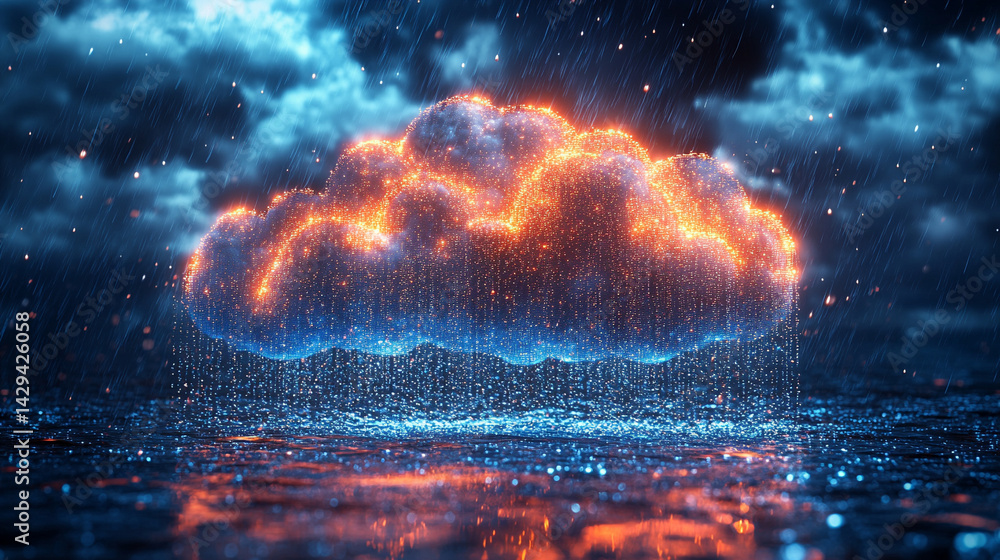 A glowing digital cloud releases streams of data like futuristic rain symbolizing the seamless flow of information connectivity cloud storage and the evolution of cloud computing technology