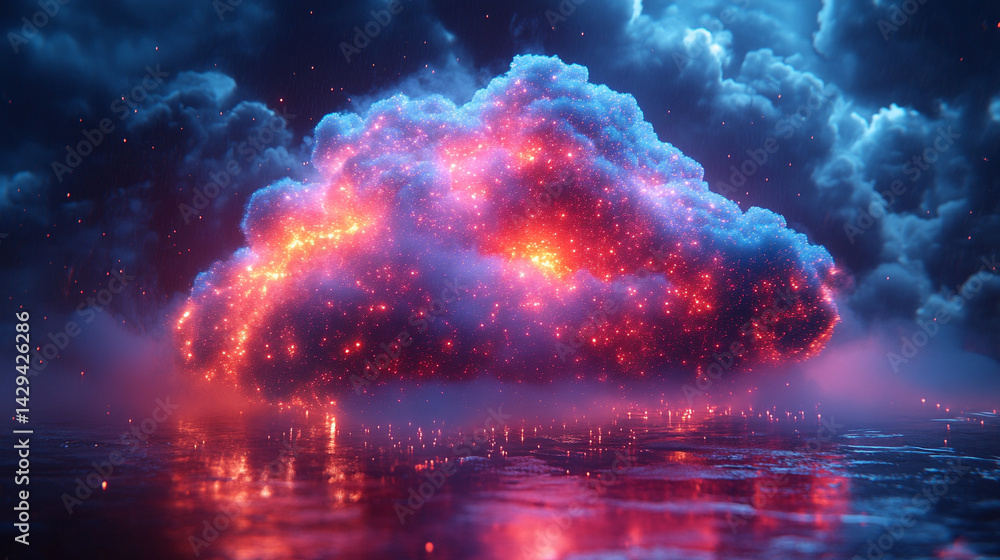 A glowing digital cloud releases streams of data like futuristic rain symbolizing the seamless flow of information connectivity cloud storage and the evolution of cloud computing technology