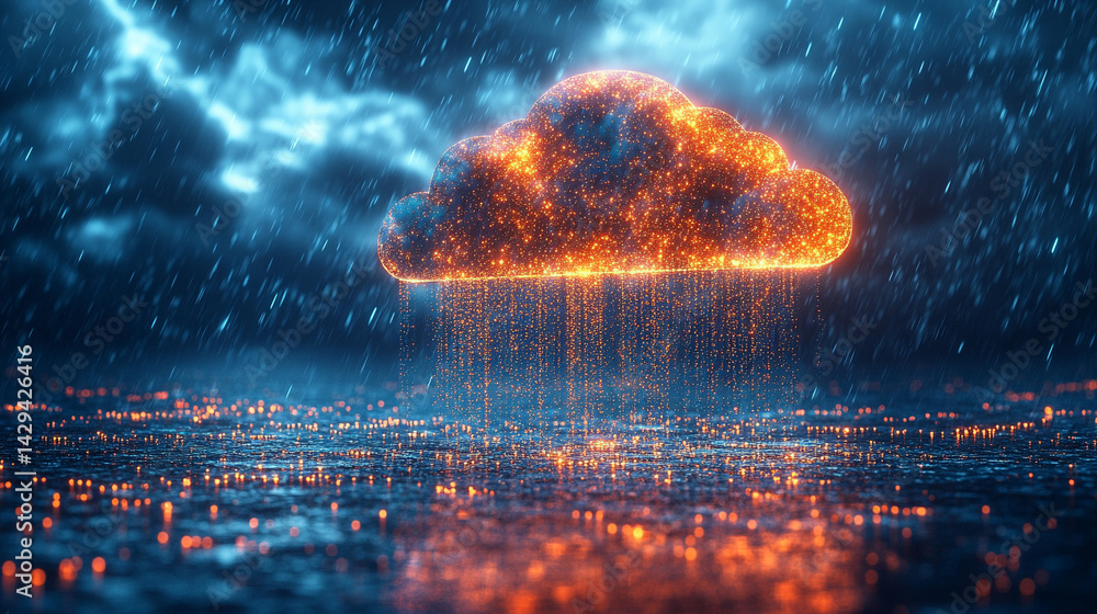A glowing digital cloud releases streams of data like futuristic rain symbolizing the seamless flow of information connectivity cloud storage and the evolution of cloud computing technology