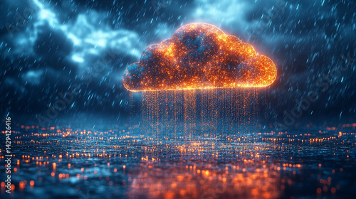 Obraz na płótnie A glowing digital cloud releases streams of data like futuristic rain symbolizing the seamless flow of information connectivity cloud storage and the evolution of cloud computing technology
w salonie