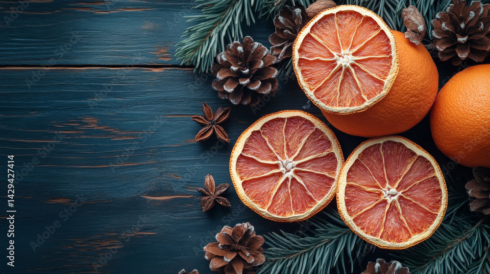 Slices of dried oranges and grapefruits rest on a rustic table, ready to be used for Christmas decorations Slices of dried oranges and grapefruits rest on a rustic table, ready to be used for Christmas decorations