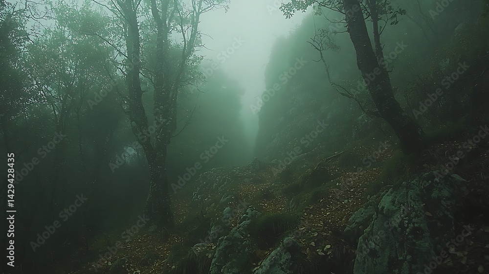 Obraz premium Misty forest path, shrouded in a thick fog, leading into a mysterious, dense woodland