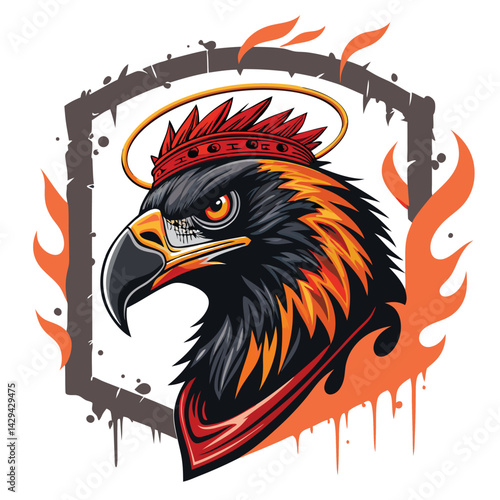 A stylized bird's head, masked and riotous, encircled by a fiery Molotov cocktail halo within a 'G' symbol.  Create a powerful, dark, and surreal image.