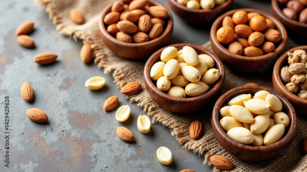 Variety of nuts on a cloth surface for a keto-friendly snack platter. Variety of nuts on a cloth surface for a keto-friendly snack platter.