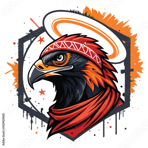 A stylized bird skull wearing a gas mask, encircled by a fiery Molotov cocktail halo within a grunge 'G' graphic.