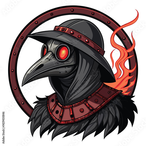 Create a detailed illustration of a medieval plague doctor's head, focusing on a single, intensely glowing red eye within the mask's confines.  Render with high realism and ominous detail.