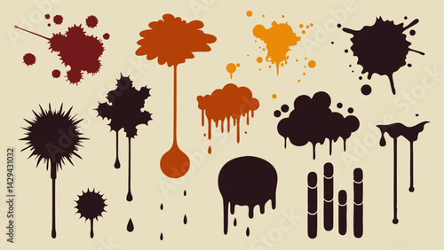 Set of grunge ink splatter. Splash of paints, spray drops, wet paint drop collection. Kit with design elements: splash and drip , blob spray. silhouette vector