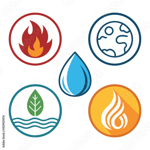 Design a minimalist icon set featuring five core elements fire, water, earth, air, and spirit.  Icons should be simple, geometric, and easily scalable.