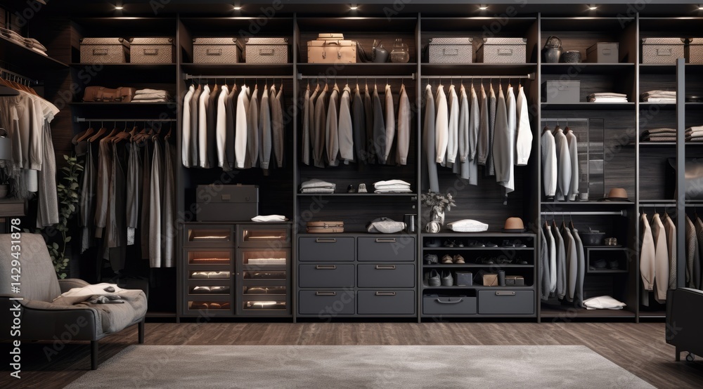 A photo of an elegant and organized walk-in closet, with neatly arranged men's on shelves, dimly lit with soft lighting A photo of an elegant and organized walk-in closet, with neatly arranged men's on shelves, dimly lit with soft lighting