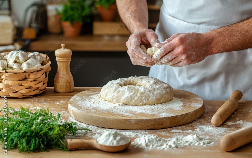 Fototapeta premium Expert Baker Shaping Dough in a Floury Kitchen