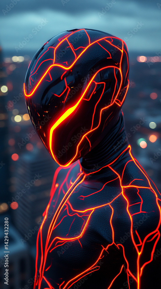 Futuristic black and orange helmet armor evokes a sleek sci-fi warrior vibe symbolizing strength speed innovation and the fusion of human resilience with high tech evolution in a glowing world