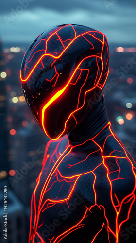 Obraz na płótnie Futuristic black and orange helmet armor evokes a sleek sci-fi warrior vibe symbolizing strength speed innovation and the fusion of human resilience with high tech evolution in a glowing world
w salonie