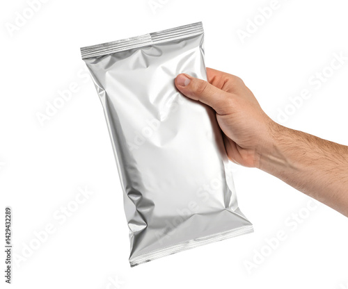 A male hand holding a white blank foil food snack on a transparent background png food design concept