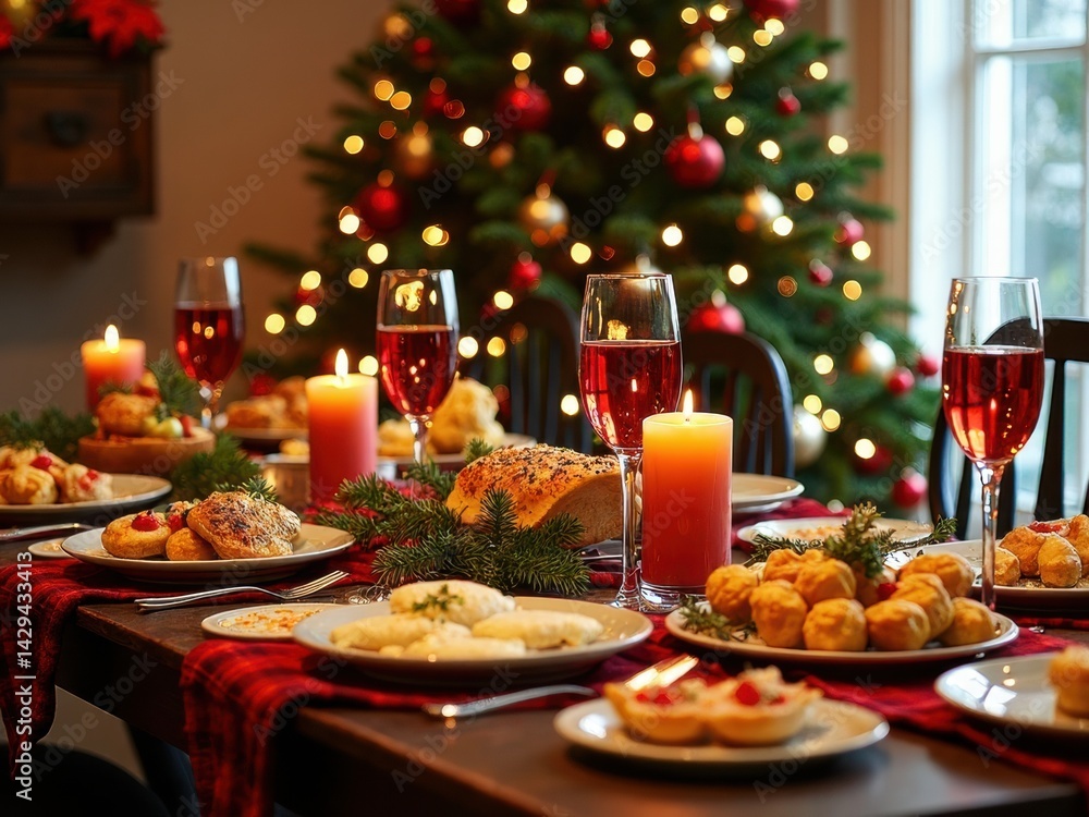 A beautifully arranged dining table filled with delicious holiday dishes and drinks, set against a festive Christmas tree adorned with ornaments and lights.