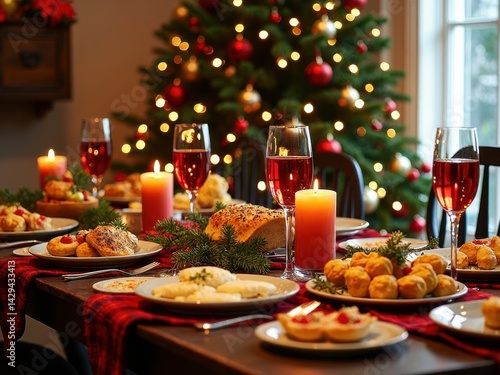 Obraz na płótnie A beautifully arranged dining table filled with delicious holiday dishes and drinks, set against a festive Christmas tree adorned with ornaments and lights. w salonie
